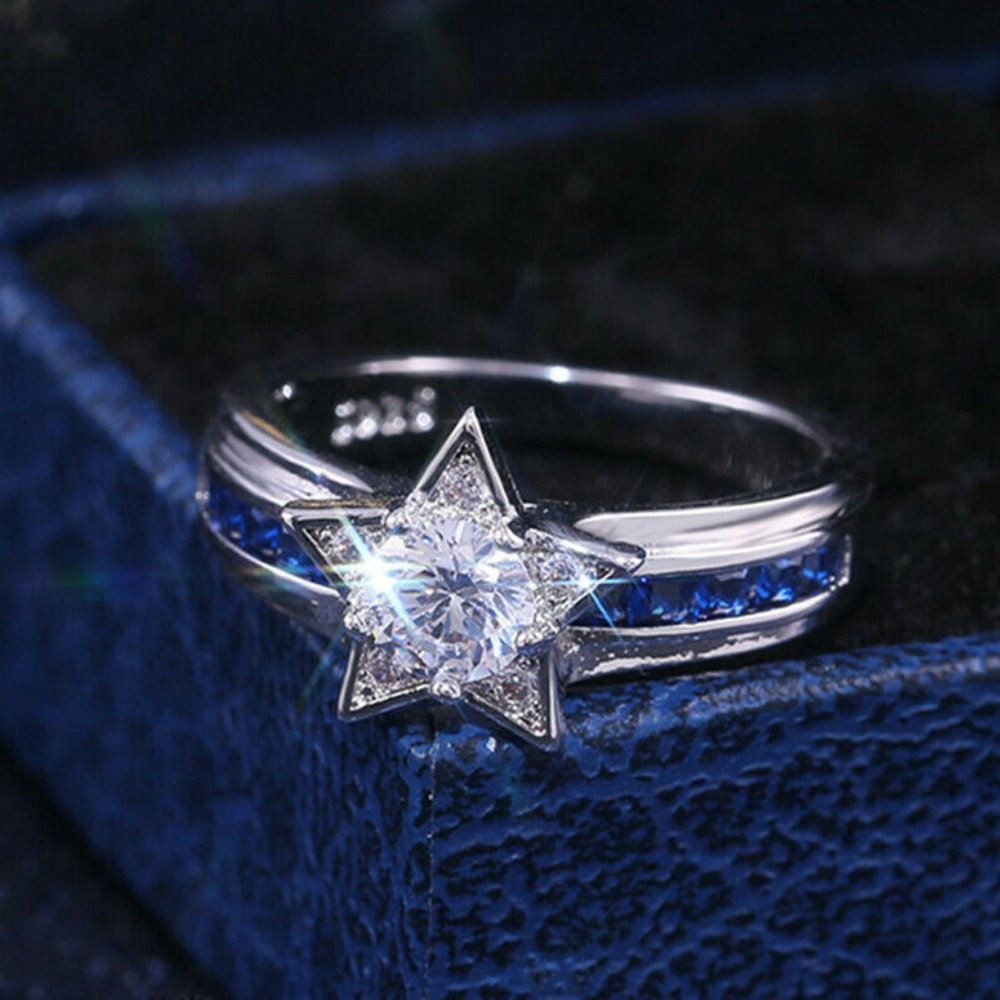 Chic 925 Silver Star Shape White Sapphire Ring New - Picture 3 of 5